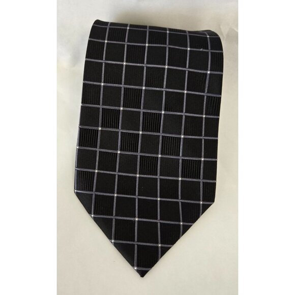 Ziggurat 100% Silk Window Pane Print Necktie Suiting Men In Black Classic - Picture 1 of 3